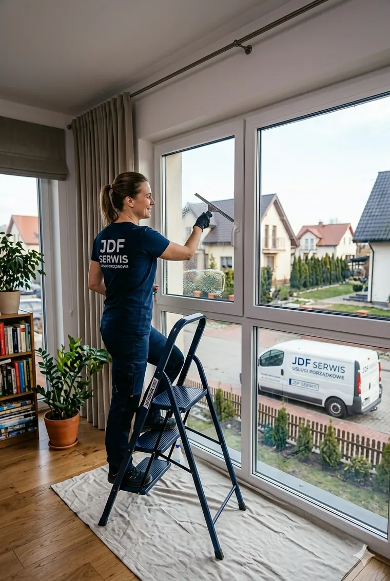 Osoba z ekipy JDF Serwis myje duże okno w domu